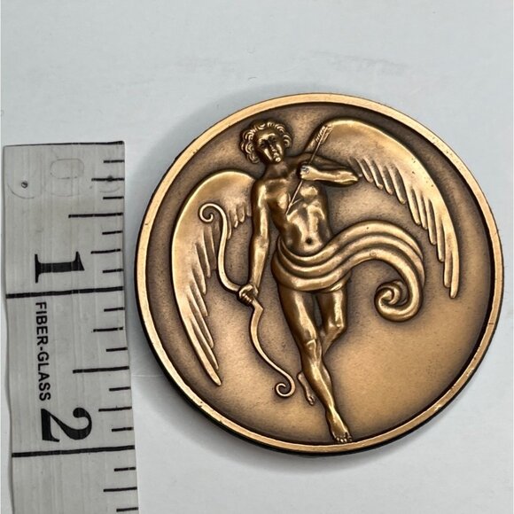 Bronze Angel Medal In Velvet Case With Detailed Design Round Keepsake 2 Inches - Picture 2 of 5